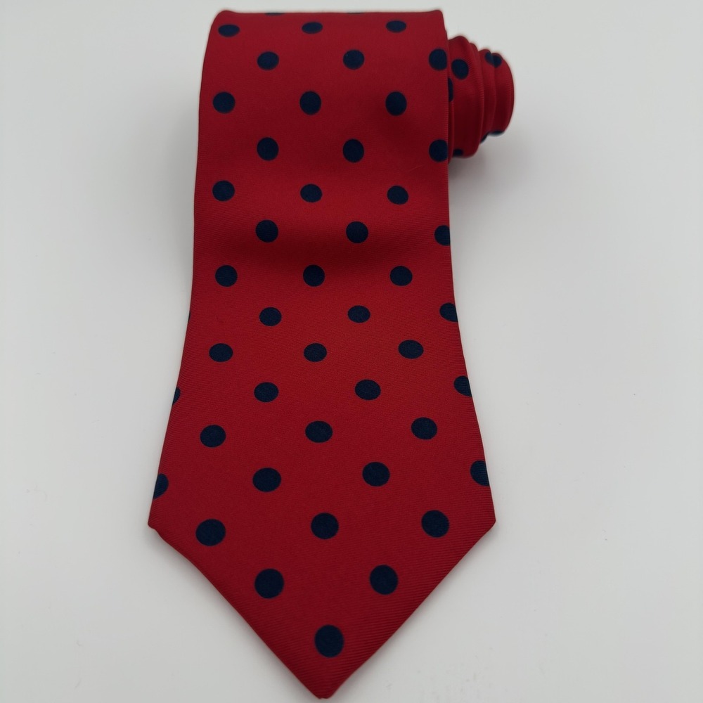 Vintage Givenchy Monsieur Tie Mens One Size Red Navy Polka Dot Silk Woven Italy